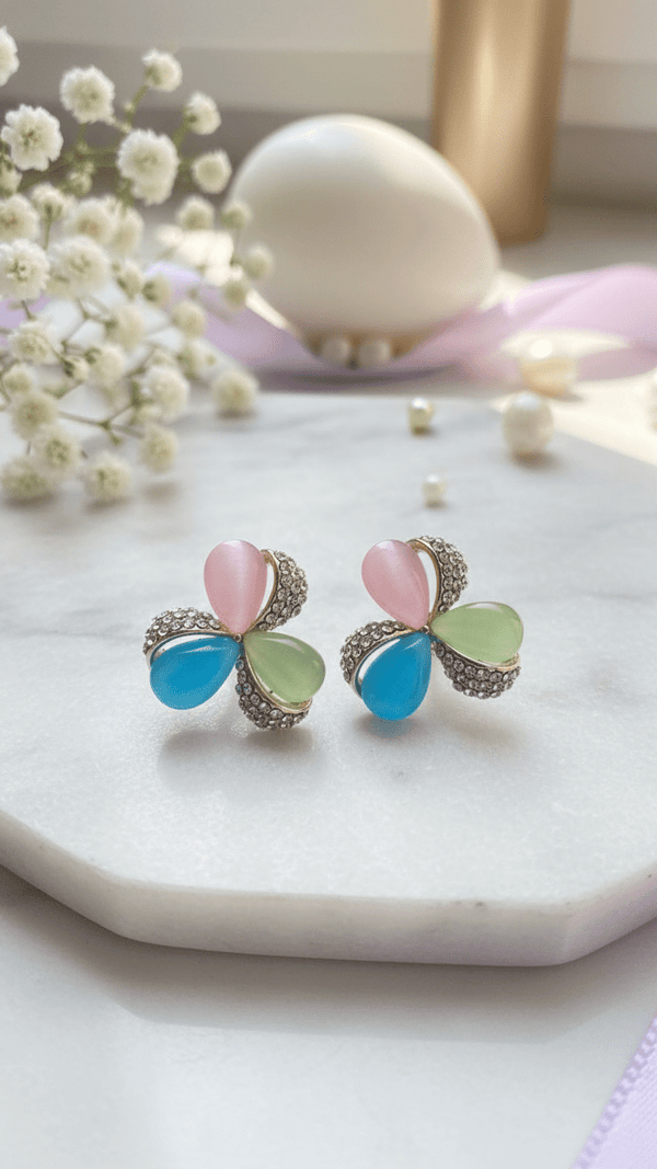 Diaura Pastel Clover Stud Earrings for Women | Multicolor Crystal Petal Earrings | Luxury Floral Designer Studs | Minimal Elegant Party & Everyday Jewellery - DIAURA JEWELS