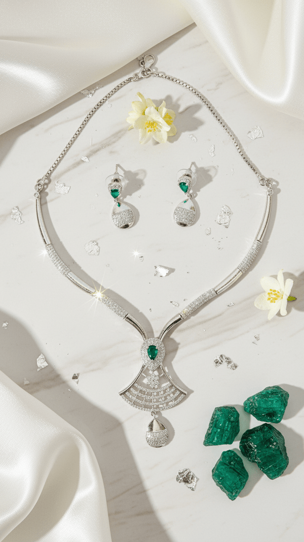 Emerald Pearl American Diamond Necklace Set Silver Tone | Imitation Bridal Temple Jewellery | Diaura Jewels - DIAURA JEWELS