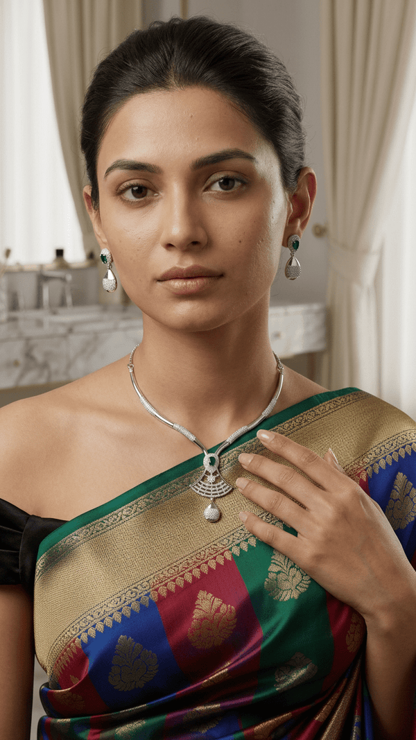 Emerald Pearl American Diamond Necklace Set Silver Tone | Imitation Bridal Temple Jewellery | Diaura Jewels - DIAURA JEWELS