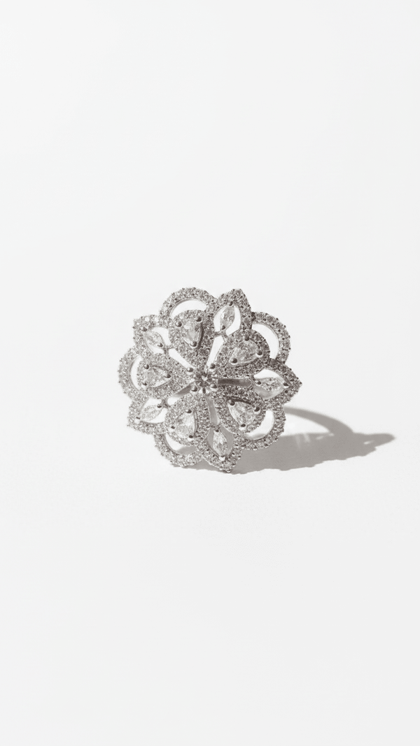 Floral American Diamond Cluster Ring - Rhodium Plated Statement Ring - DIAURA JEWELS