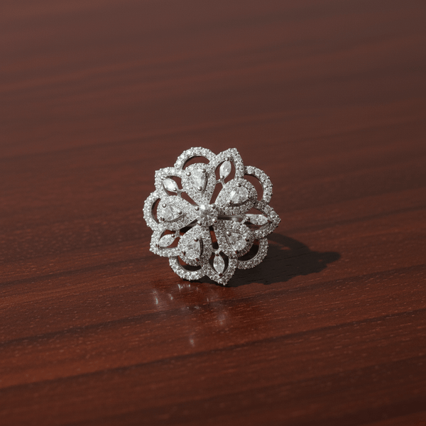 Floral American Diamond Cluster Ring - Rhodium Plated Statement Ring - DIAURA JEWELS