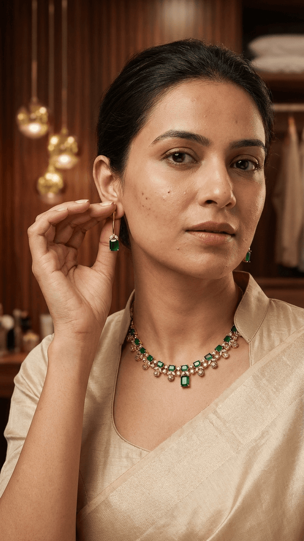 Green American Diamond Mehandi Set - Gold Plated Necklace with Chandbali Earrings - DIAURA JEWELS