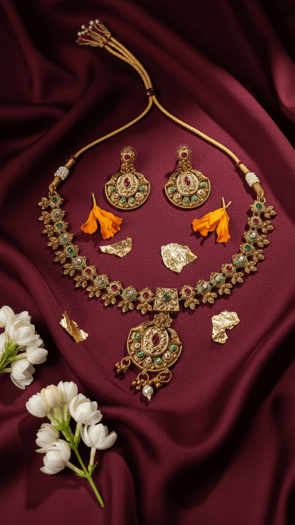 Kundan Meenakari Polki Necklace with Chandbali Earrings - Multicolor Bridal Set - DIAURA JEWELS