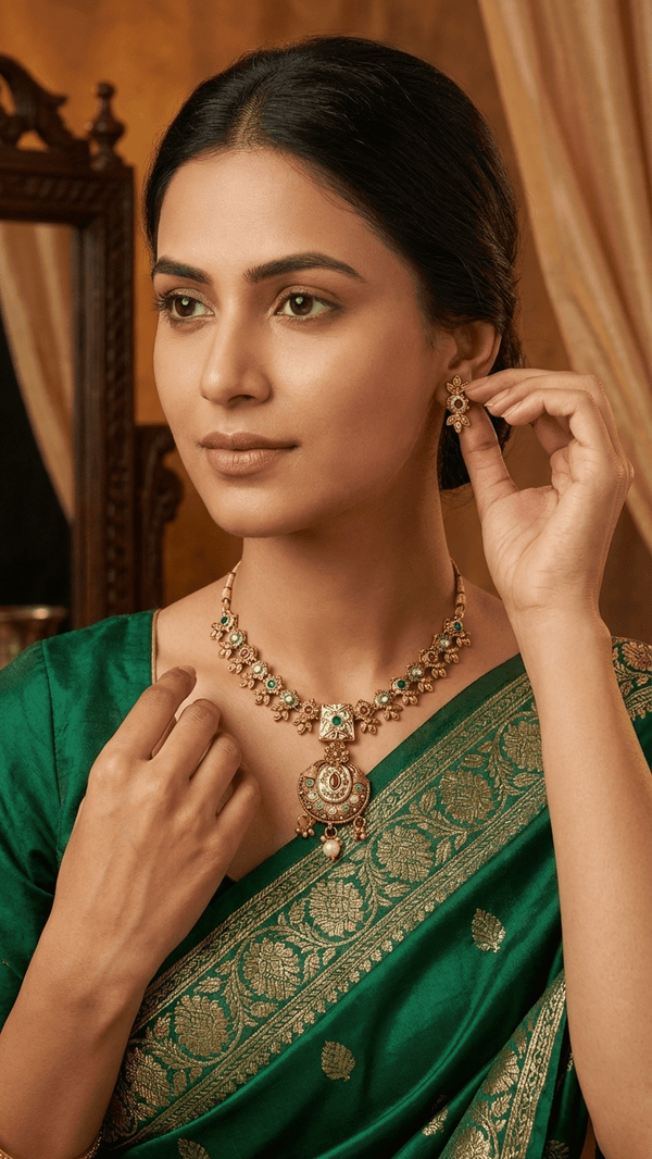Kundan Meenakari Polki Necklace with Chandbali Earrings - Multicolor Bridal Set - DIAURA JEWELS