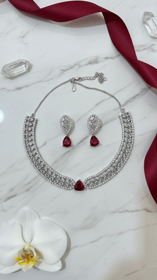 Luxury American Diamond Necklace Set with Earrings | Red Crystal Pendant Designer Jewelry | Elegant Wedding & Party Jewelry for Women - DIAURA JEWELS
