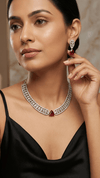 Luxury American Diamond Necklace Set with Earrings | Red Crystal Pendant Designer Jewelry | Elegant Wedding & Party Jewelry for Women - DIAURA JEWELS