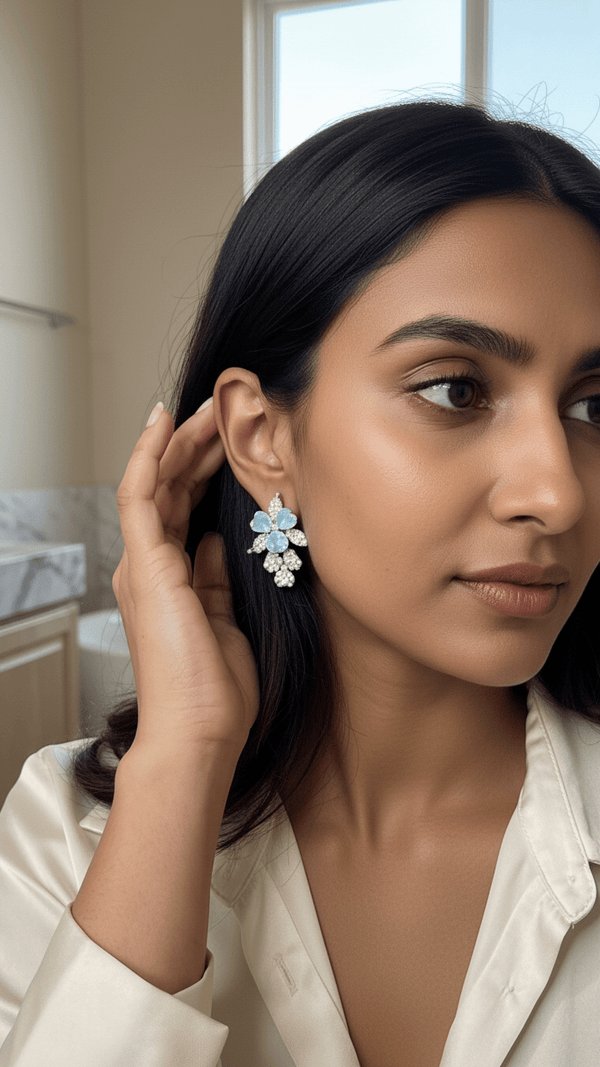 Luxury Blue Crystal Floral Earrings for Women | Gold Plated Statement Flower Earrings | Elegant Designer Party & Wedding Jewelry - DIAURA JEWELS
