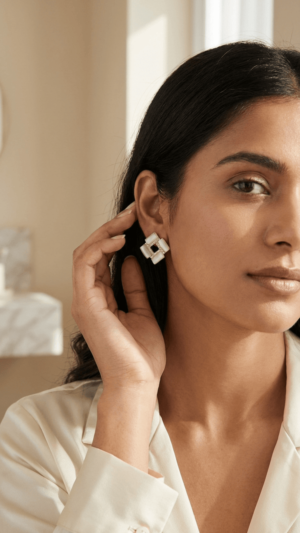 Luxury White Opal Geometric Stud Earrings for Women | Gold Plated Crystal Square Designer Earrings | Elegant Minimalist Jewelry - DIAURA JEWELS
