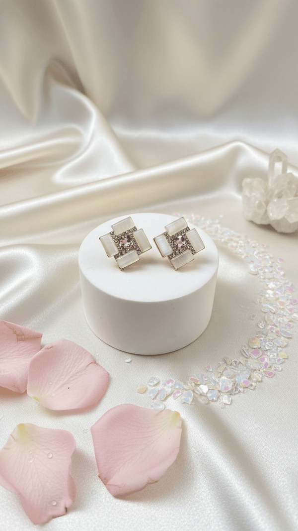Luxury White Opal Geometric Stud Earrings for Women | Gold Plated Crystal Square Designer Earrings | Elegant Minimalist Jewelry - DIAURA JEWELS