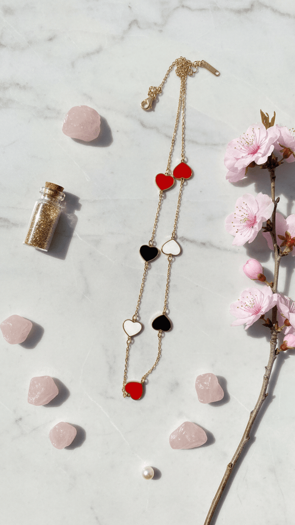 Multi Heart Layered Necklace - Red Black White Heart Charms - DIAURA JEWELS