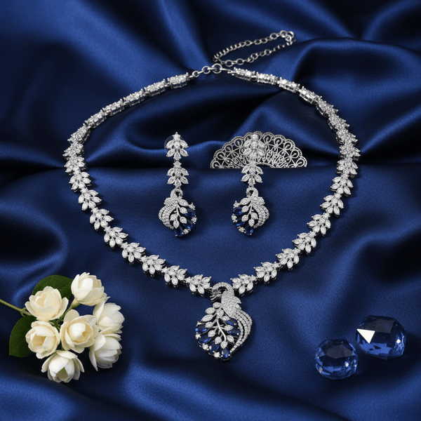 Peacock American Diamond Necklace with Chandelier Earrings - Sapphire Motif Set - DIAURA JEWELS