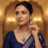 Peacock American Diamond Necklace with Chandelier Earrings - Sapphire Motif Set - DIAURA JEWELS