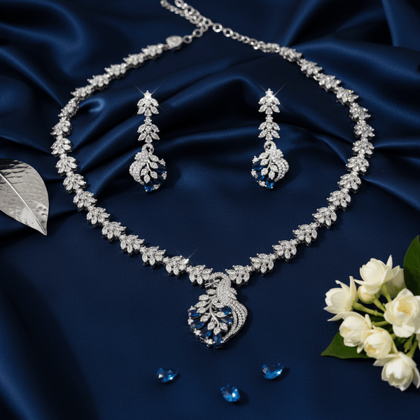 Peacock American Diamond Necklace with Chandelier Earrings - Sapphire Motif Set - DIAURA JEWELS