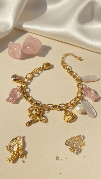 Playful Pink Charm Bracelet - Gold Chain with Pearl Shell Charms