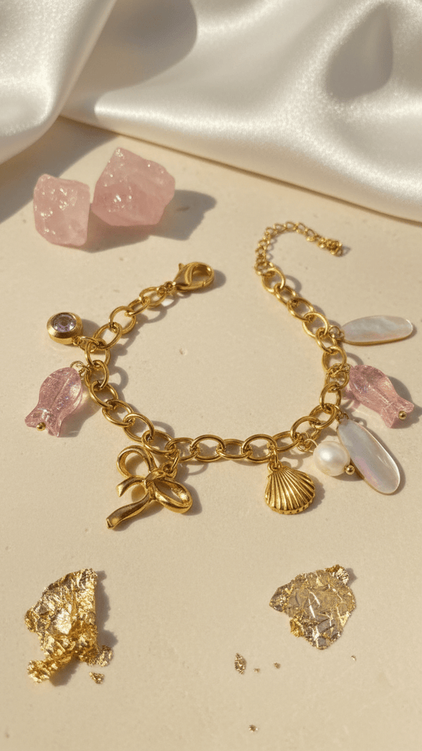 Playful Pink Charm Bracelet - Gold Chain with Pearl Shell Charms - DIAURA JEWELS