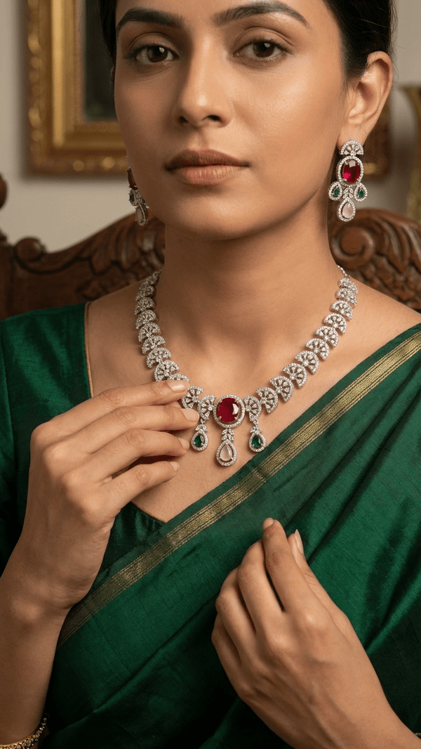 Polki Style American Diamond Necklace with Jhumka Earrings - Ruby Emerald Accents - DIAURA JEWELS