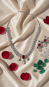 Polki Style American Diamond Necklace with Jhumka Earrings - Ruby Emerald Accents - DIAURA JEWELS