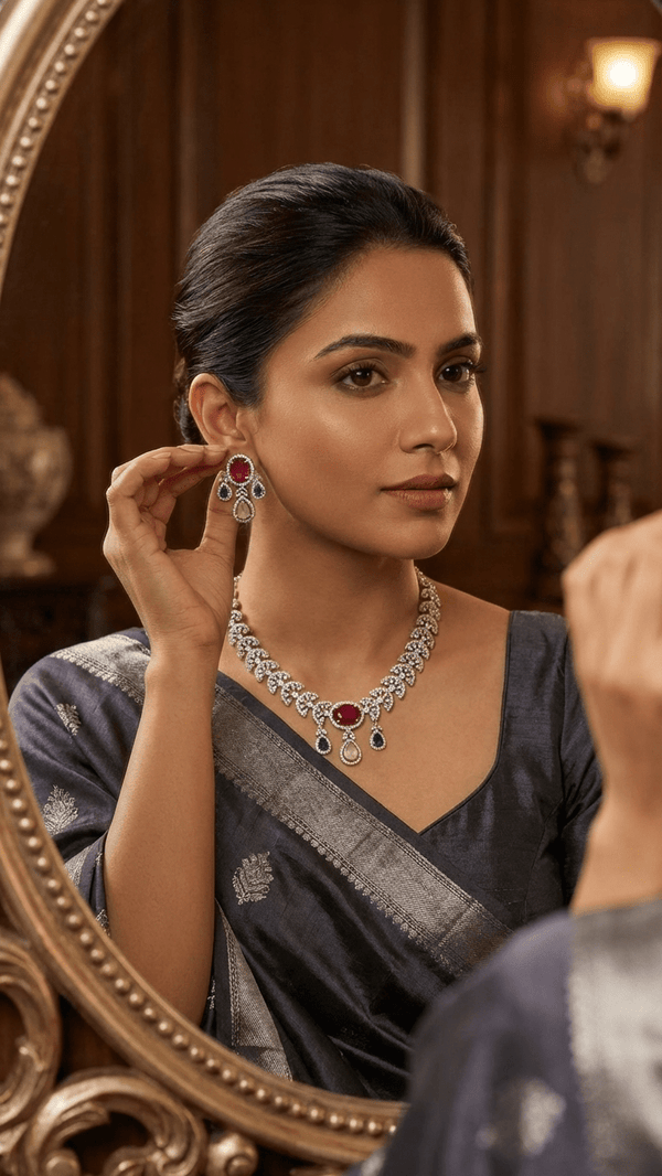 Polki Style American Diamond Necklace with Jhumka Earrings - Ruby Emerald Accents - DIAURA JEWELS