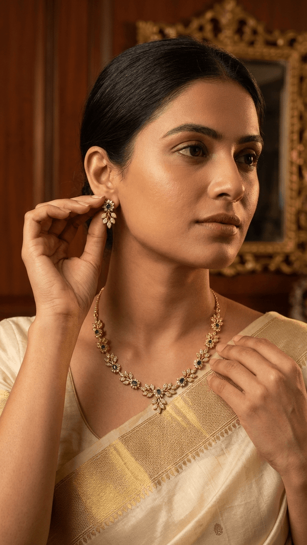 Product Title Mehandi Pattern American Diamond Set - Gold Plated Necklace with Earrings - DIAURA JEWELS