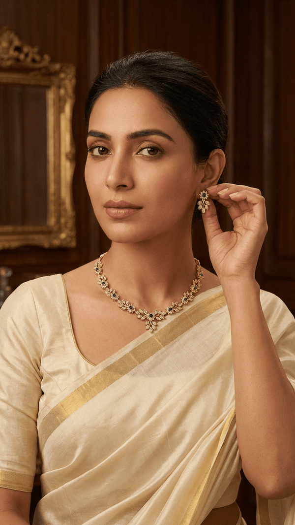 Product Title Mehandi Pattern American Diamond Set - Gold Plated Necklace with Earrings - DIAURA JEWELS