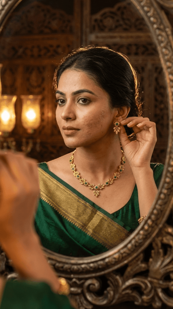 Product Title Mehandi Pattern American Diamond Set - Gold Plated Necklace with Earrings - DIAURA JEWELS