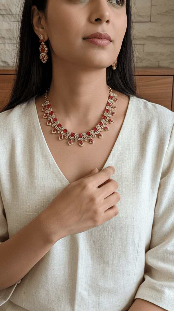 Red American Diamond Kundan Choker Necklace Set Gold Plated | Imitation Bridal Jewellery Women | Diaura Jewels - DIAURA JEWELS
