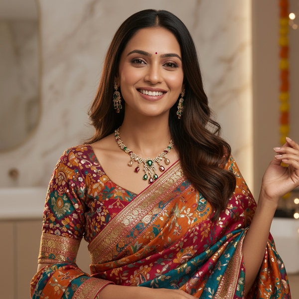 A premium multi-color American Diamond necklace and earring set with emerald and ruby tones, styled on a dark stone background with rose petals and green silk ribbon.